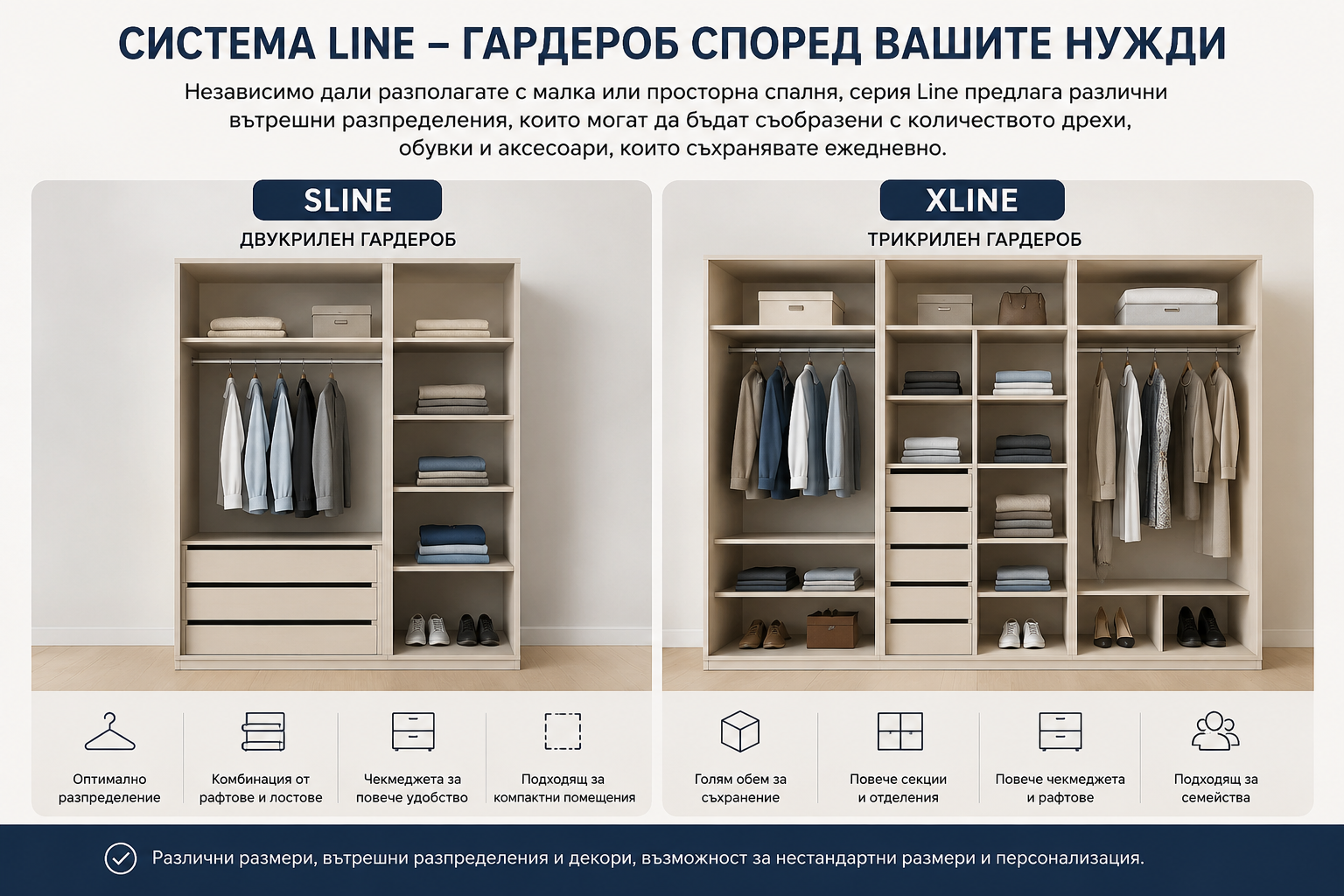 Различни вътрешни разпределения на гардероби SLine
