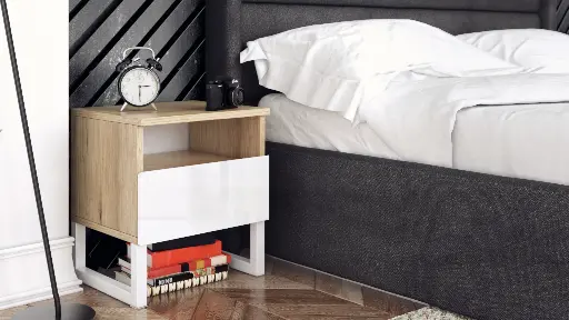 Нощно шкафче Modern M08 (крайбрежен дъб + МДФ бял гланц) — снимка 2