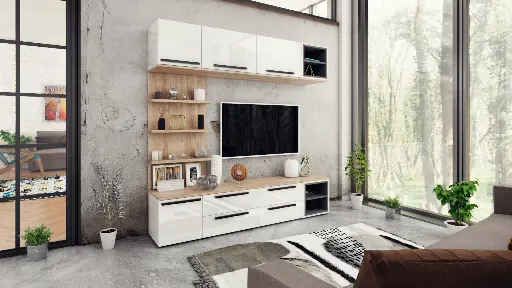Kiara M03- TV шкаф (златен дъб харбър + бял гланц) — снимка 3