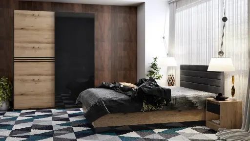 Спален комплект Modern (крайбрежен дъб + МДФ черен гланц) — снимка 5