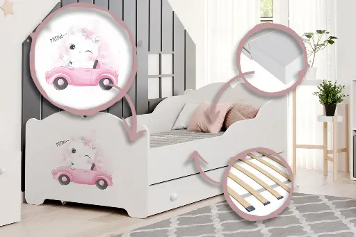 Детско легло ANNA с принт и чекмедже (140 х 70 см, car with kitten) — снимка 3