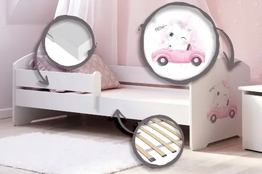 Детско легло Luk с парапет и различни мотиви (140 х 70 см, cat with car) — снимка 2
