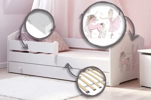 Детско легло Luk с парапет и чекмедже с различни мотиви (140 х 70 см, unicorn and girl) — снимка 3