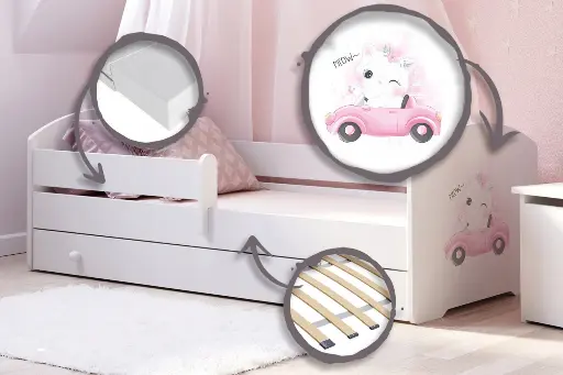 Детско легло Luk с парапет и чекмедже с различни мотиви (160 х 80 см, cat with car) — снимка 2