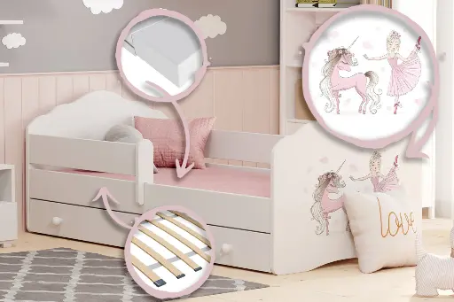 Детско легло FALA с парапет и чекмедже с различни мотиви (160 х 80 см, unicorn and girl) — снимка 2