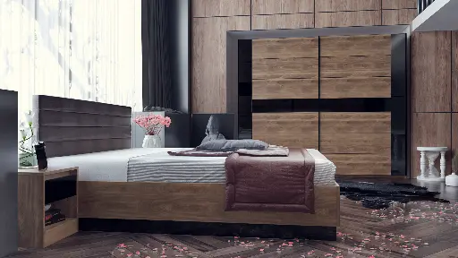 Спален комплект Modern 3 (дъб бренди кастело + МДФ черен гланц) — снимка 2