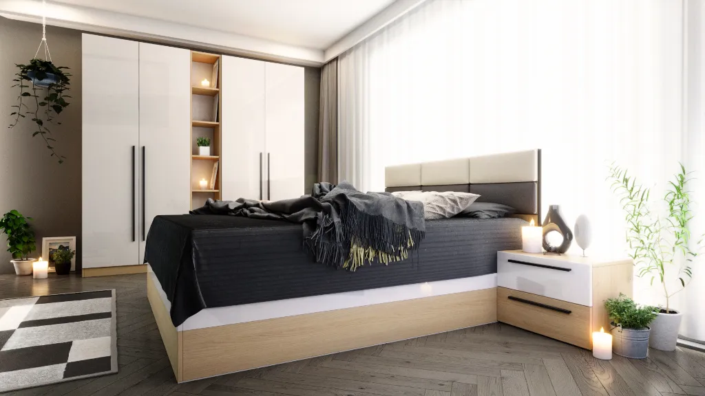 Спален комплект Zanardi C дъб виченца H3157 ST12 Egger + МДФ бял гланц - cam 02.webp