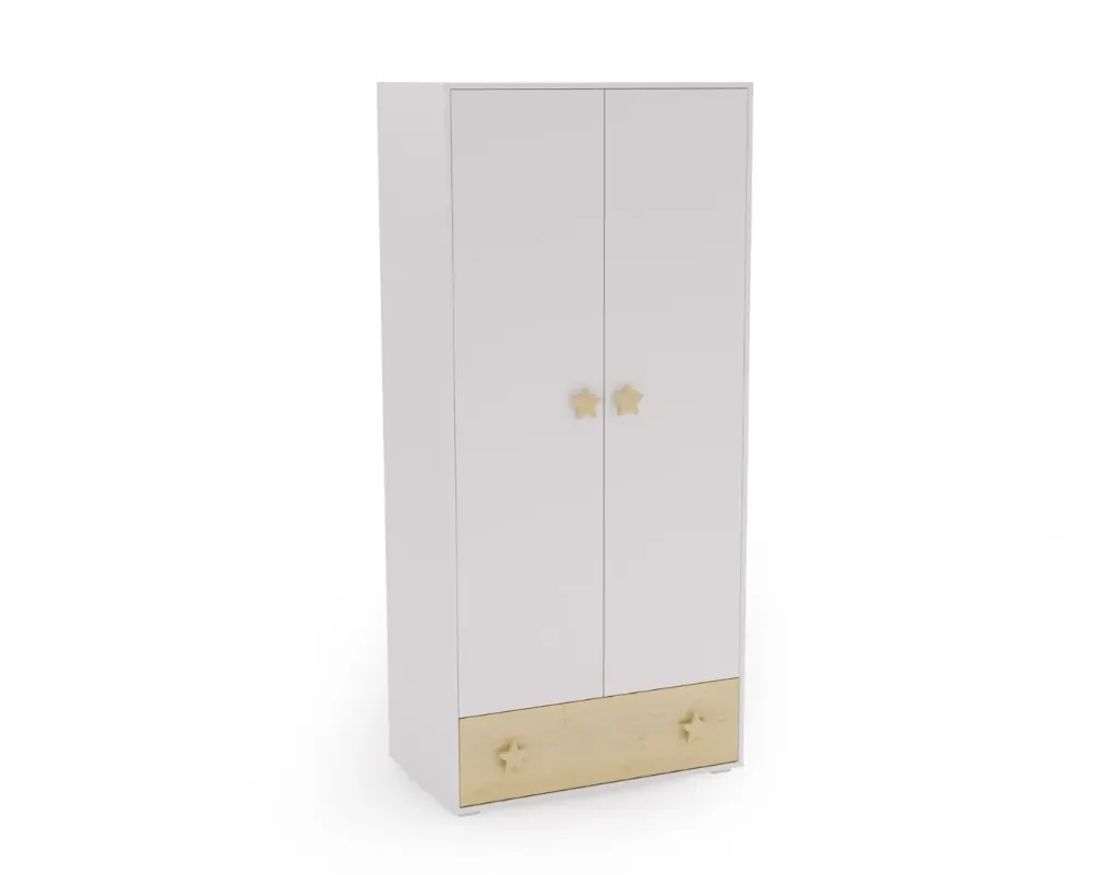 PUFFI гардероб с две врати с чекмедже, рафтове, парапети - бяло / клен