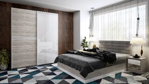 Спален комплект Modern (сив дъб кастело + МДФ бял гланц)