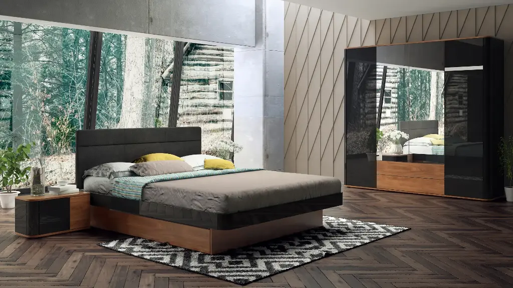 [454] Спален комплект Ronda (дъб бренди кастело + МДФ черен гланц)