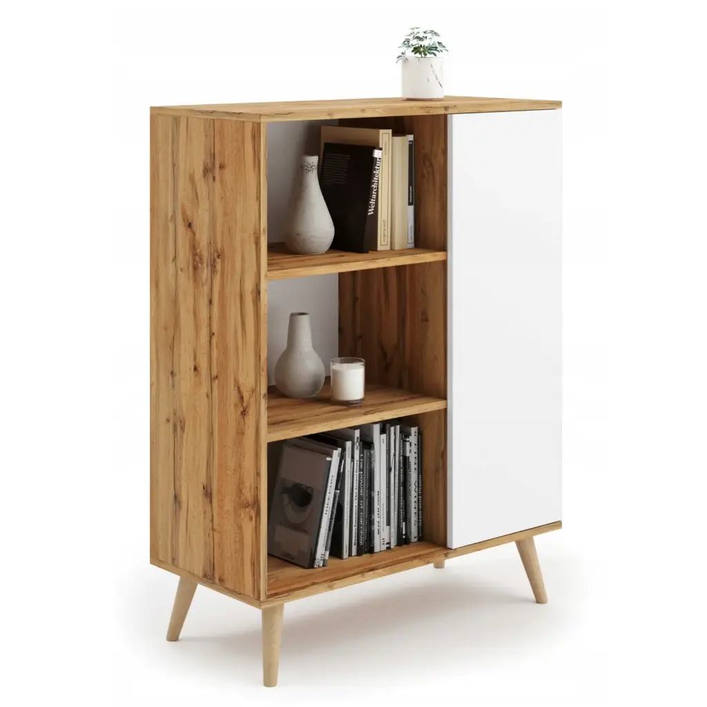 FONDI Скандинавски скрин с рафтове, дървени крака - Бял