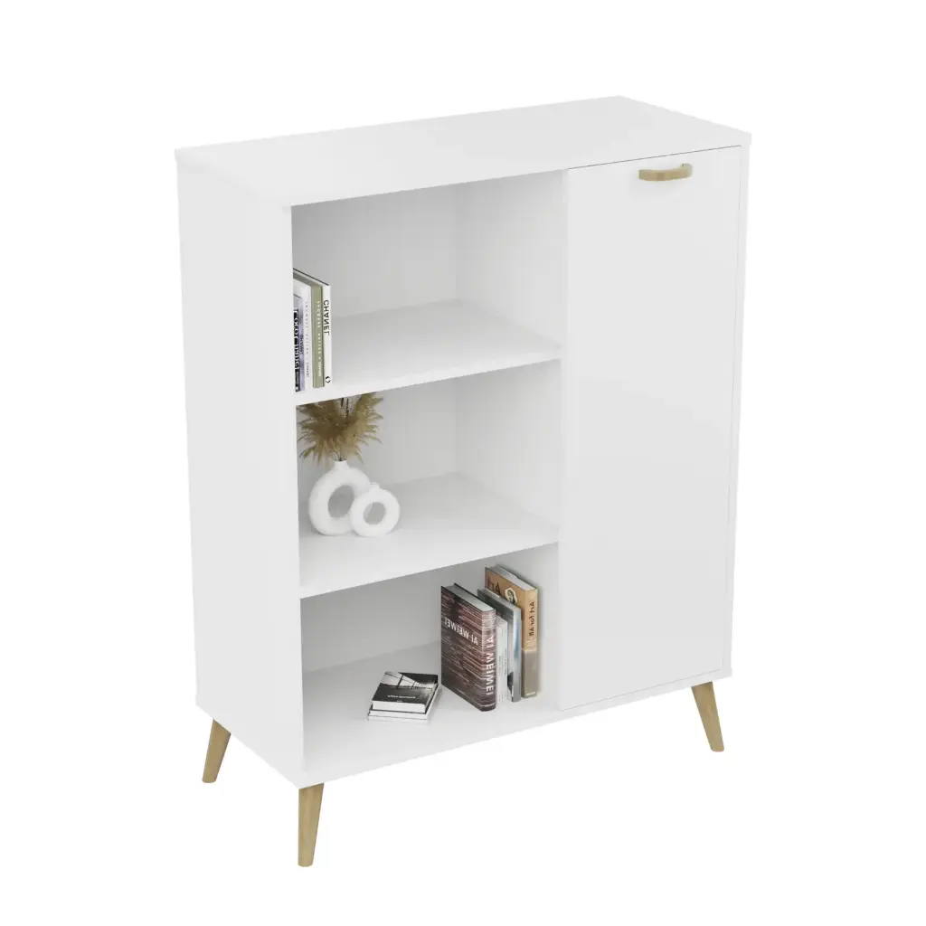 Скрин FONDI, скандинавски шкаф с рафт, дървена дръжка и крака - бял