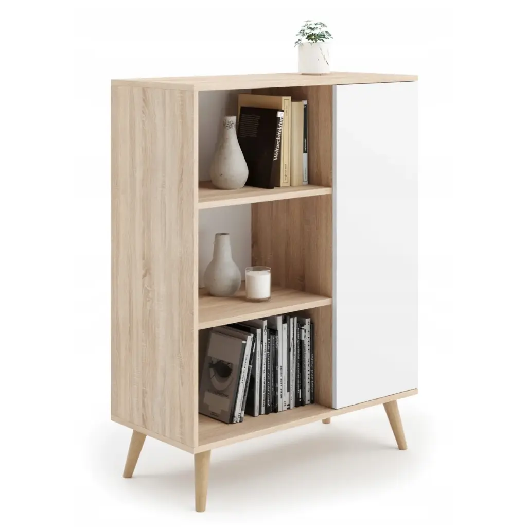 [009476] FONDI Скандинавски скрин с рафтове, дървени крака - Бял (white + sonoma oak)