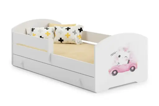 Детско легло Luk с парапет и чекмедже с различни мотиви (160 х 80 см, cat with car)