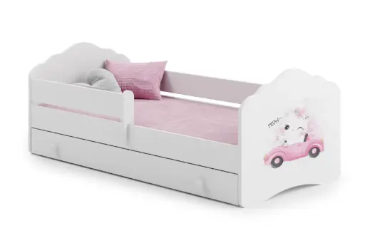 Детско легло FALA с парапет и чекмедже с различни мотиви (140 х 70 см, cat with car)